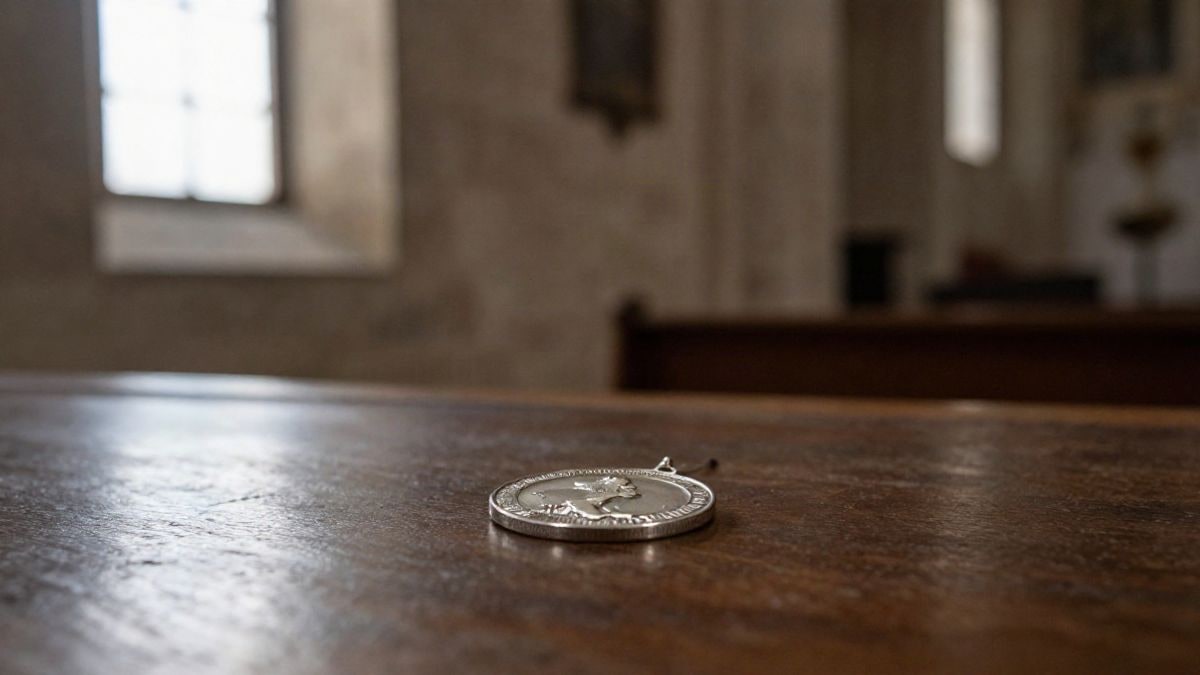 Imagen ilustrativa: una medalla de plata sobre una superficie de madera oscura en un interior de iglesia