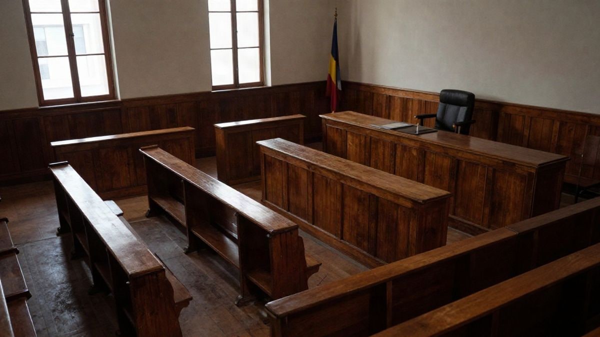 Imagen ilustrativa: vista cenital de una sala de tribunal vacía con bancos de madera y estrado