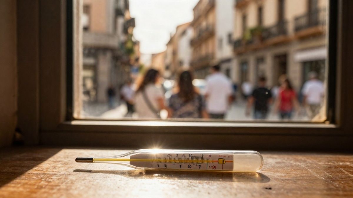 Imagen ilustrativa: un termómetro digital sobre el alféizar de una ventana con luz solar intensa