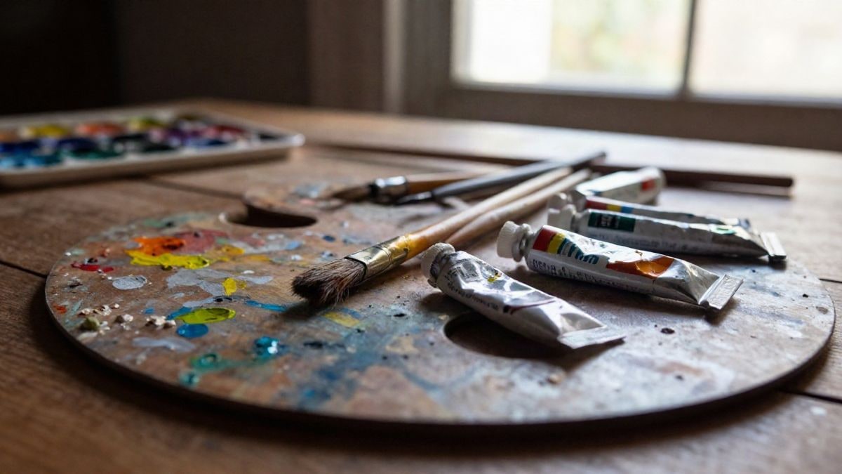 Imagen ilustrativa: paleta de pintor con pinceles y tubos de pintura sobre una mesa de madera