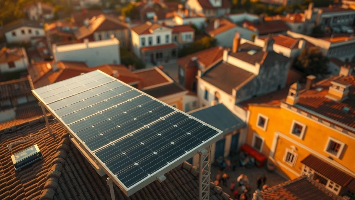 Vista aérea de paneles solares en un tejado y una plaza con personas borrosas al atardecer
