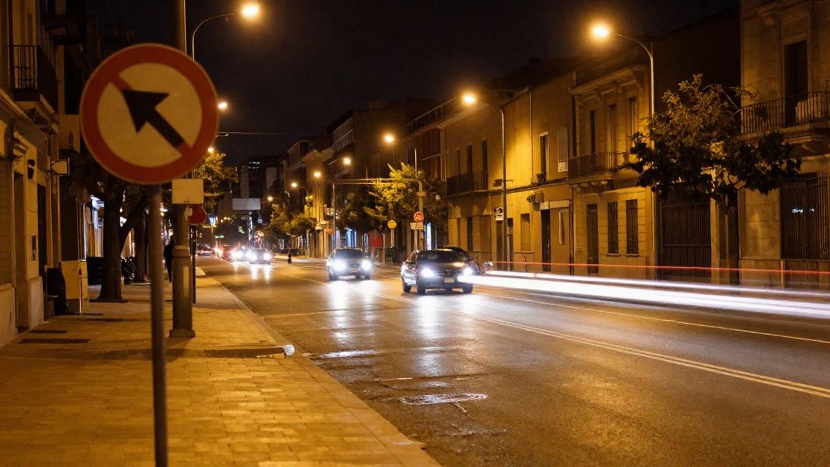 Imagen ilustrativa: avenida urbana vacía de noche iluminada por farolas, con estelas de luz de vehículos lejanos sobre el asfalto mojado