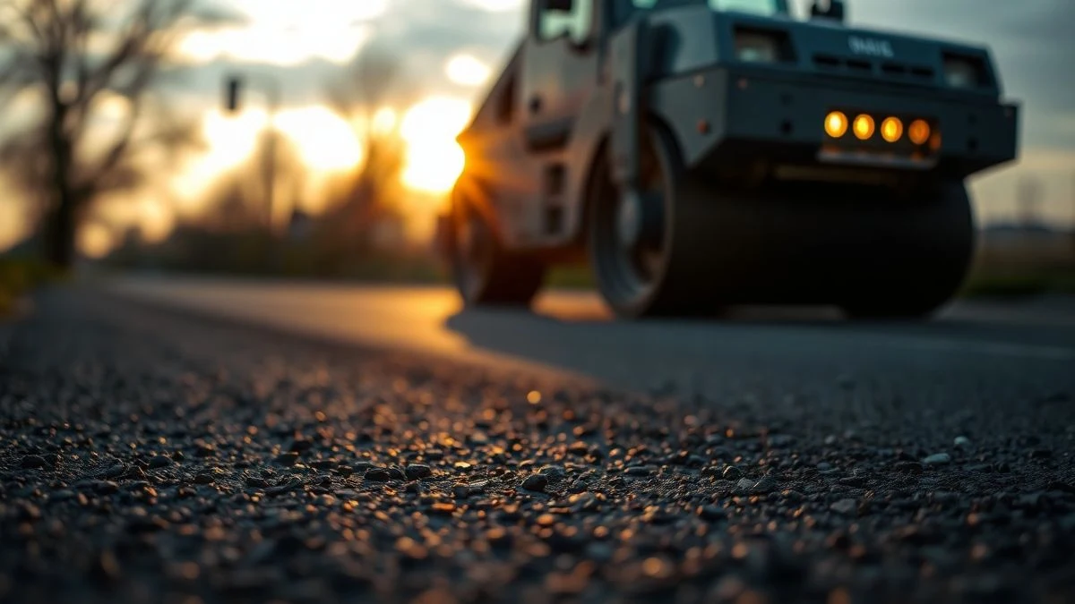 Imagen ilustrativa: una máquina compactadora de asfalto trabajando en una calle al atardecer, con sombras largas y luz cálida.