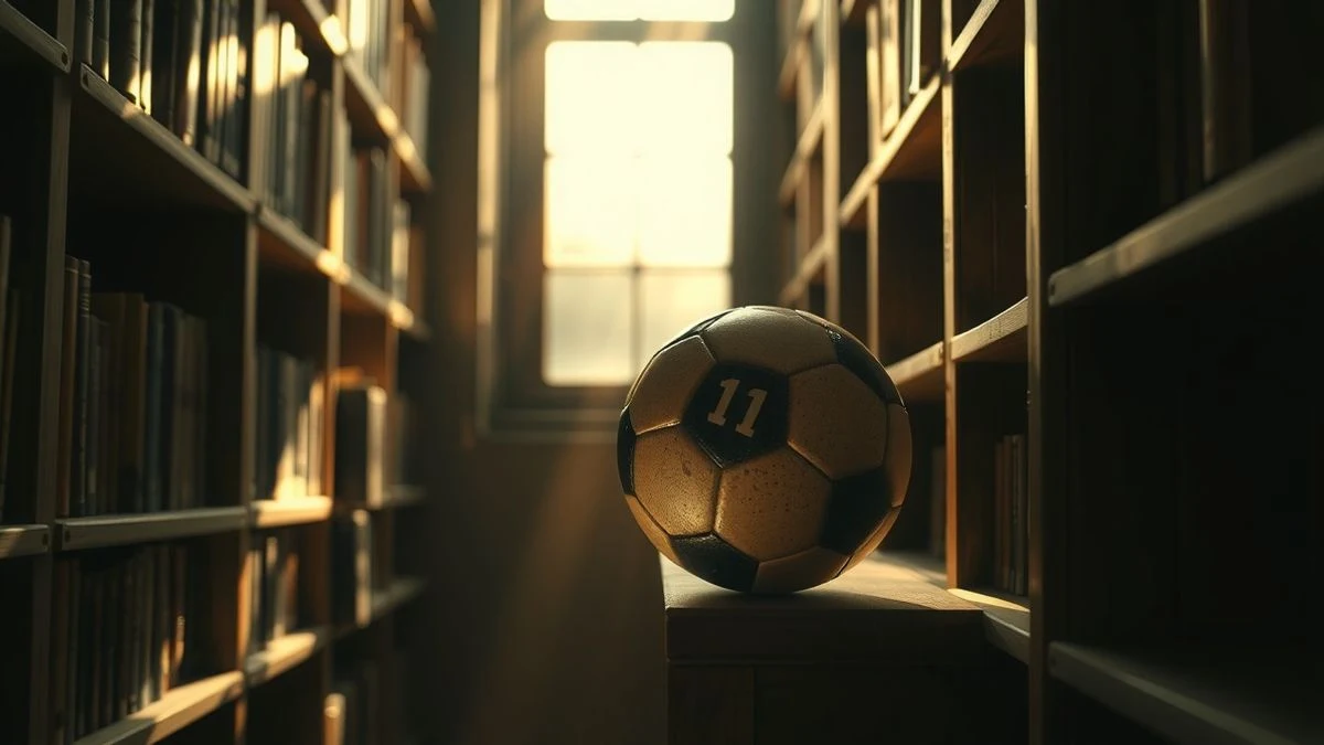 Balón de fútbol antiguo sobre una estantería de madera con luz de ventana lateral