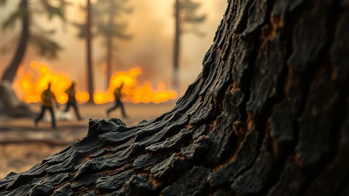 Imagen ilustrativa: corteza de pino carbonizada con humo de fondo y bomberos forestales desenfocados al fondo