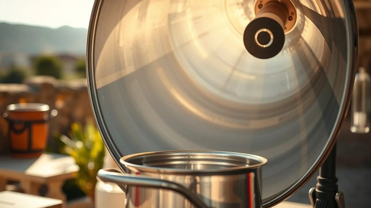 Imagen ilustrativa: Primer plano de un cocedor solar parabólico enfocando la luz del sol sobre una olla, en un entorno exterior soleado.