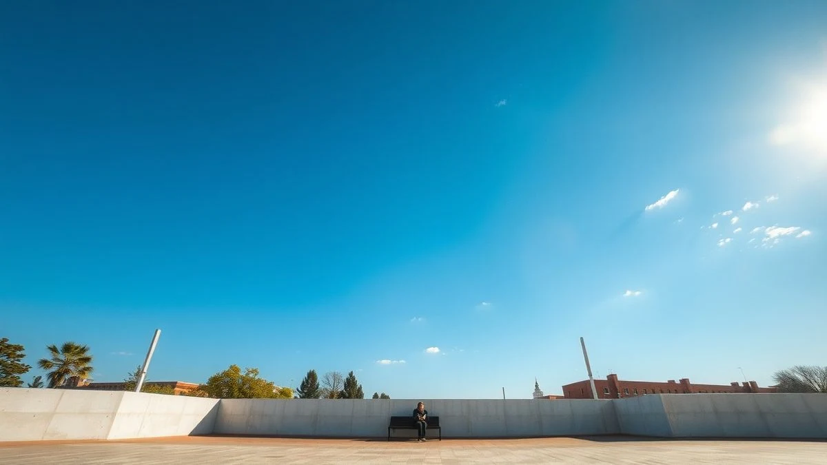 Imagen ilustrativa: plaza soleada con un banco y una figura pequeña al fondo, cielo despejado