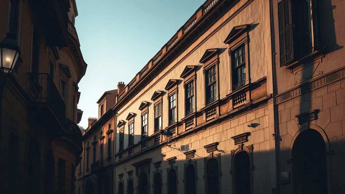 Imagen ilustrativa: fachada de un edificio histórico con detalles arquitectónicos a la luz del atardecer, con sombras alargadas.