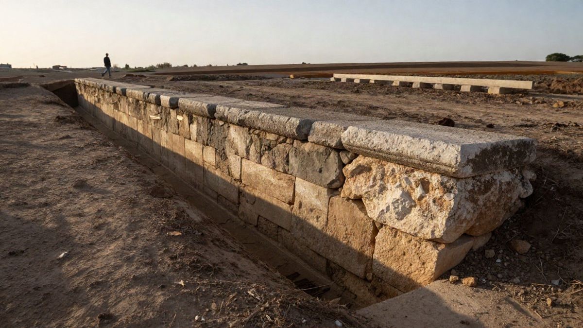 Imagen ilustrativa: restos de una conducción hidráulica de piedra junto a una zona de obras