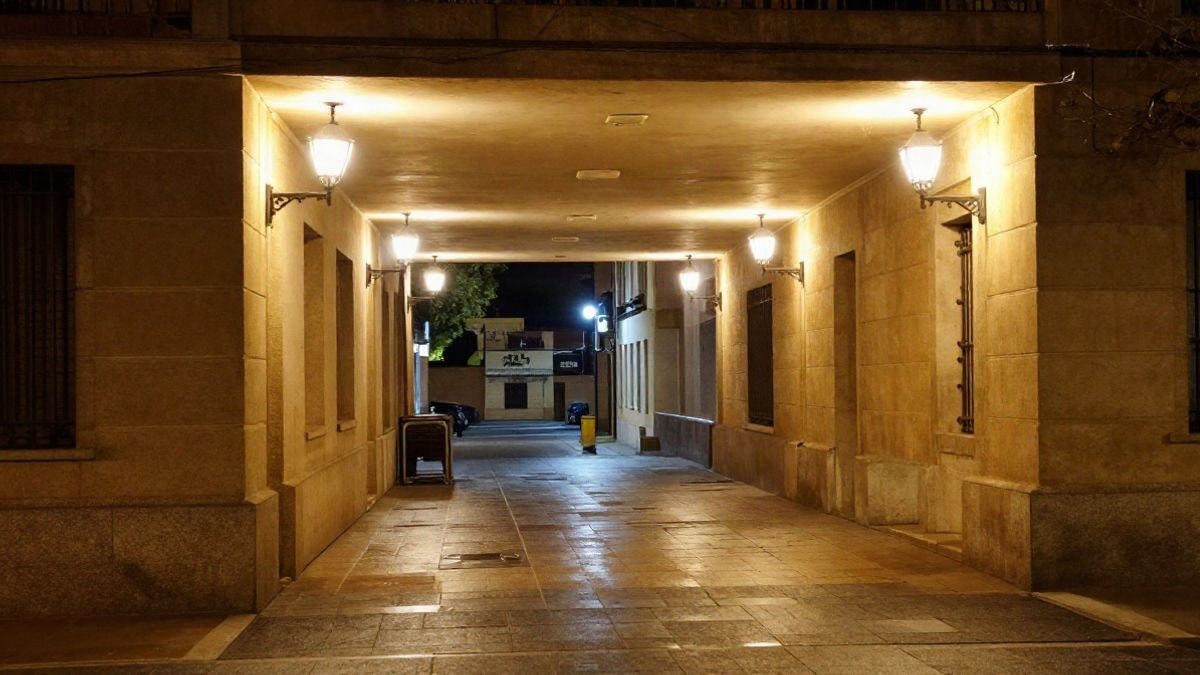 Imagen ilustrativa: entrada de un edificio universitario iluminada por farolas y focos de noche, con el pavimento mojado