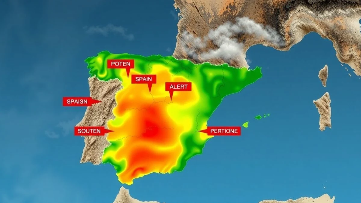 Mapa meteorológico de España con zonas de alerta por calor en Andalucía, destacando Huelva sin aviso