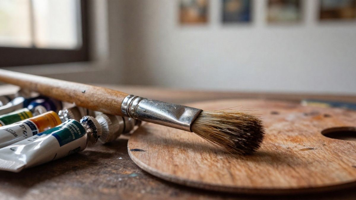 Imagen ilustrativa: pinceles y tubos de pintura sobre una paleta de madera, con luz natural suave y fondo desenfocado