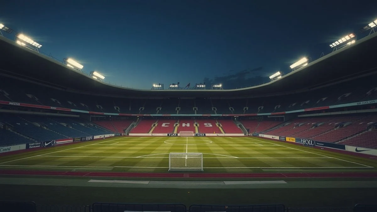 Imagen ilustrativa: un estadio de fútbol vacío al atardecer, con las gradas y el césped en perspectiva.