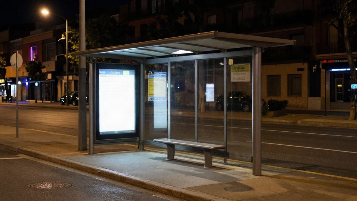 Imagen ilustrativa: una parada de autobús vacía iluminada por una farola en una calle nocturna