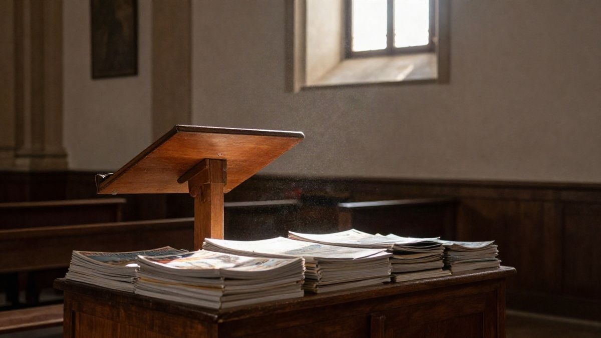 Imagen ilustrativa: interior de una capilla con un atril de madera y revistas sobre una mesa, iluminado por luz natural.