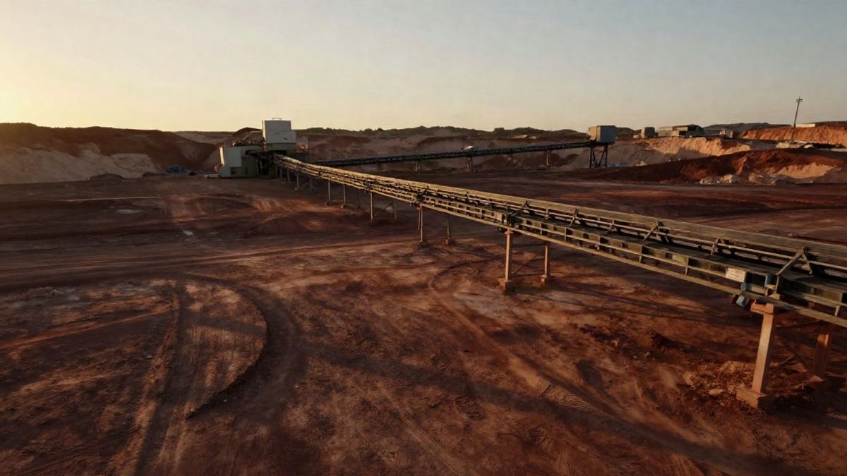 Imagen ilustrativa: cinta transportadora industrial atravesando un paisaje minero al atardecer