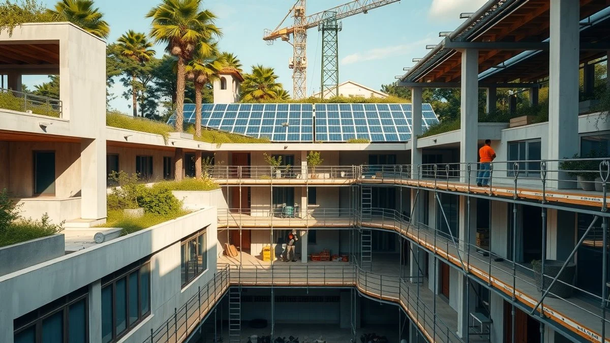 Edificio sostenible en construcción con paneles solares y muros verdes, andamios y trabajadores al fondo
