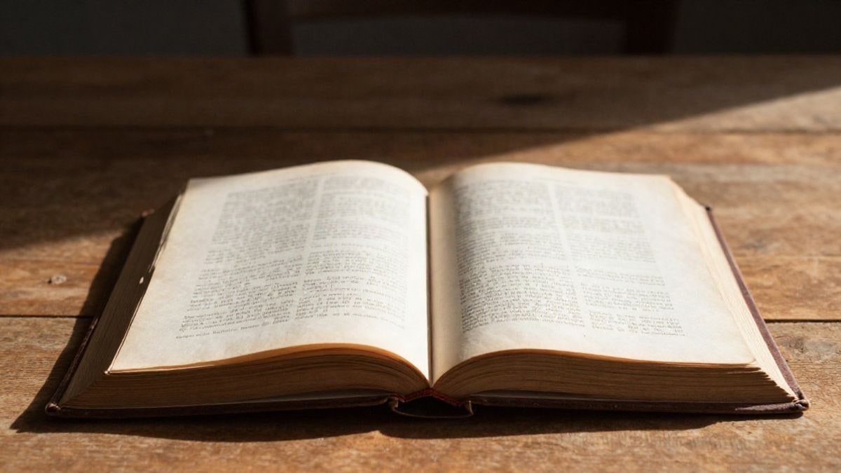 Imagen ilustrativa: un libro antiguo abierto sobre una mesa de madera iluminada por luz de atardecer
