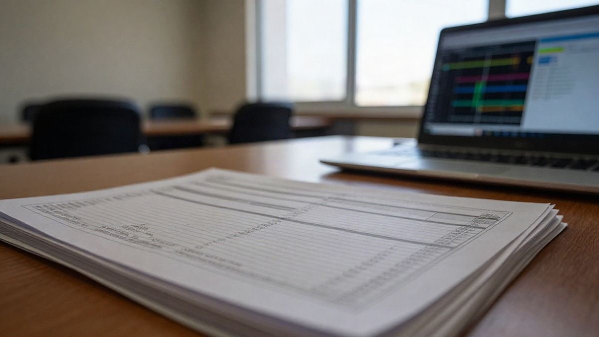 Imagen ilustrativa: gráficos impresos y una pantalla con datos sobre una mesa de oficina municipal