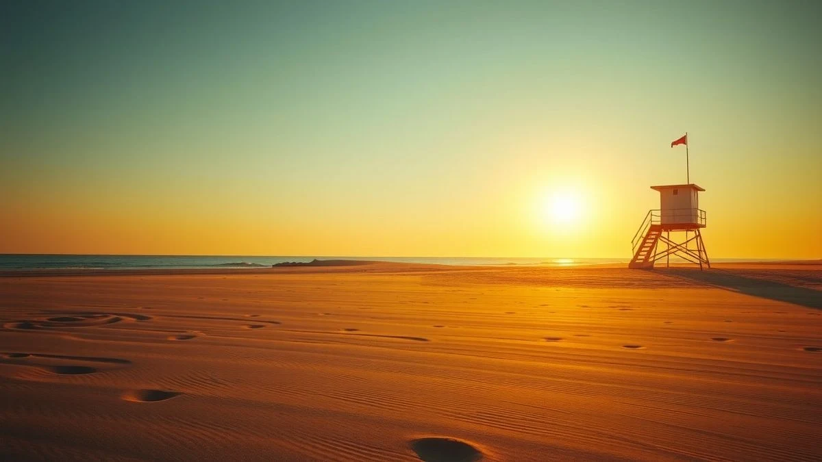 Playa desierta al atardecer con sombras largas y torre de socorrismo silueteada