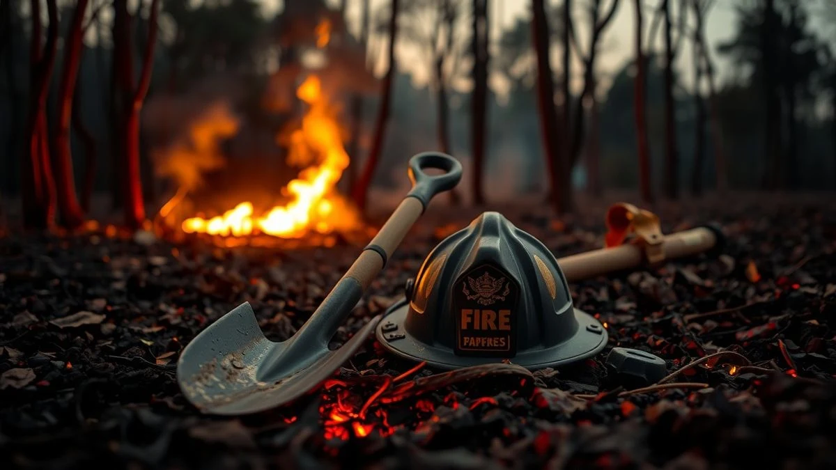 Imagen ilustrativa: un casco de bombero y una pala sobre suelo quemado en un bosque al atardecer, con humo al fondo.