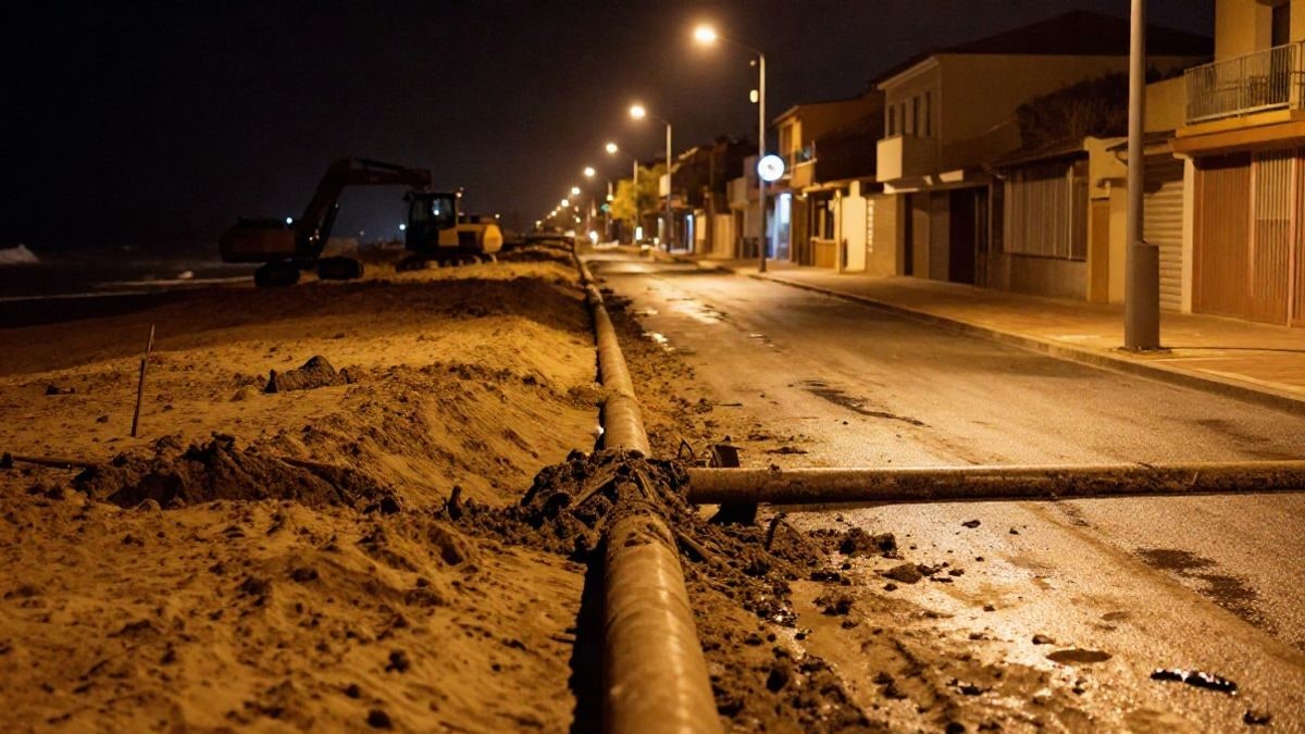 Imagen ilustrativa: calle residencial nocturna cubierta de arena y barro tras una riada, con maquinaria al fondo bajo farolas