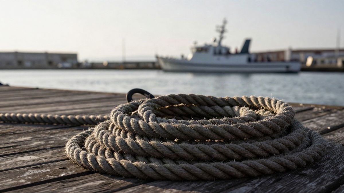 Imagen ilustrativa: cuerda náutica enrollada en un muelle de madera con un barco difuminado al fondo