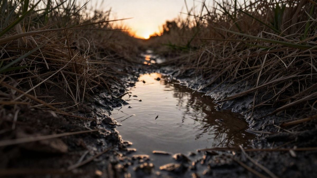 Imagen ilustrativa: charca de agua estancada al atardecer con un mosquito sobrevolando, en un entorno rural