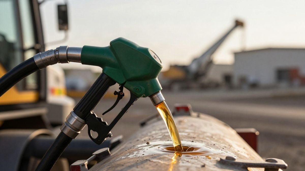 Imagen ilustrativa: primer plano de una manguera industrial suministrando combustible a un depósito de maquinaria pesada