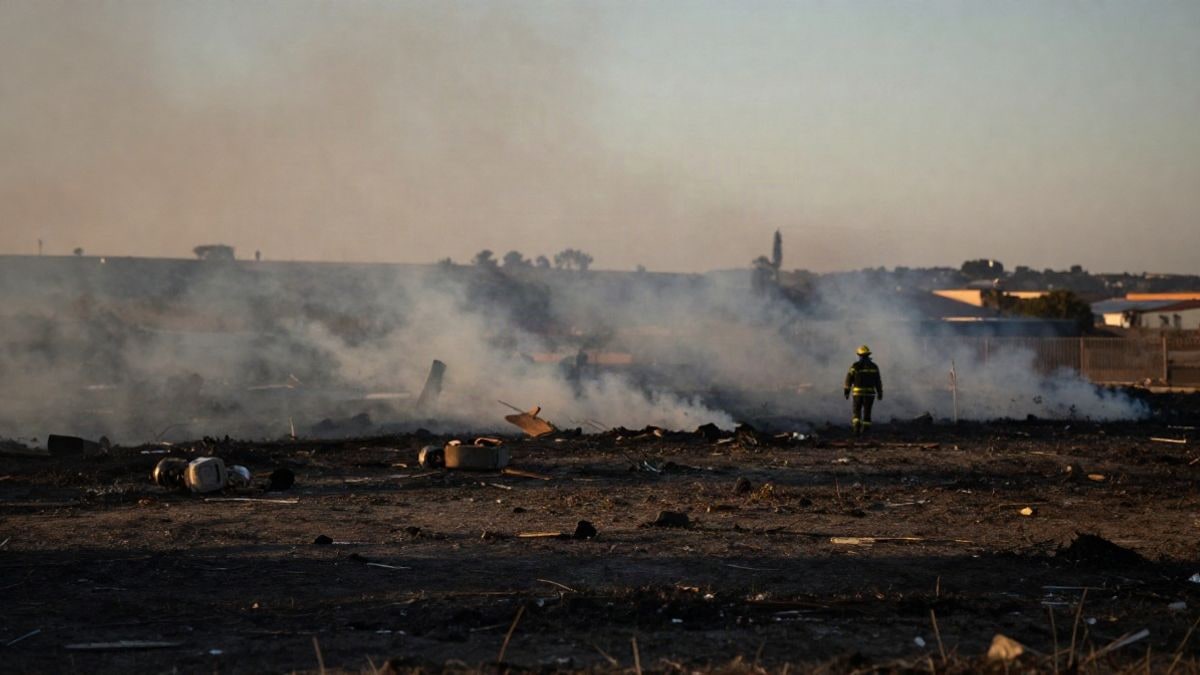 Imagen ilustrativa: un bombero se aleja de unos restos humeantes en un descampado al atardecer