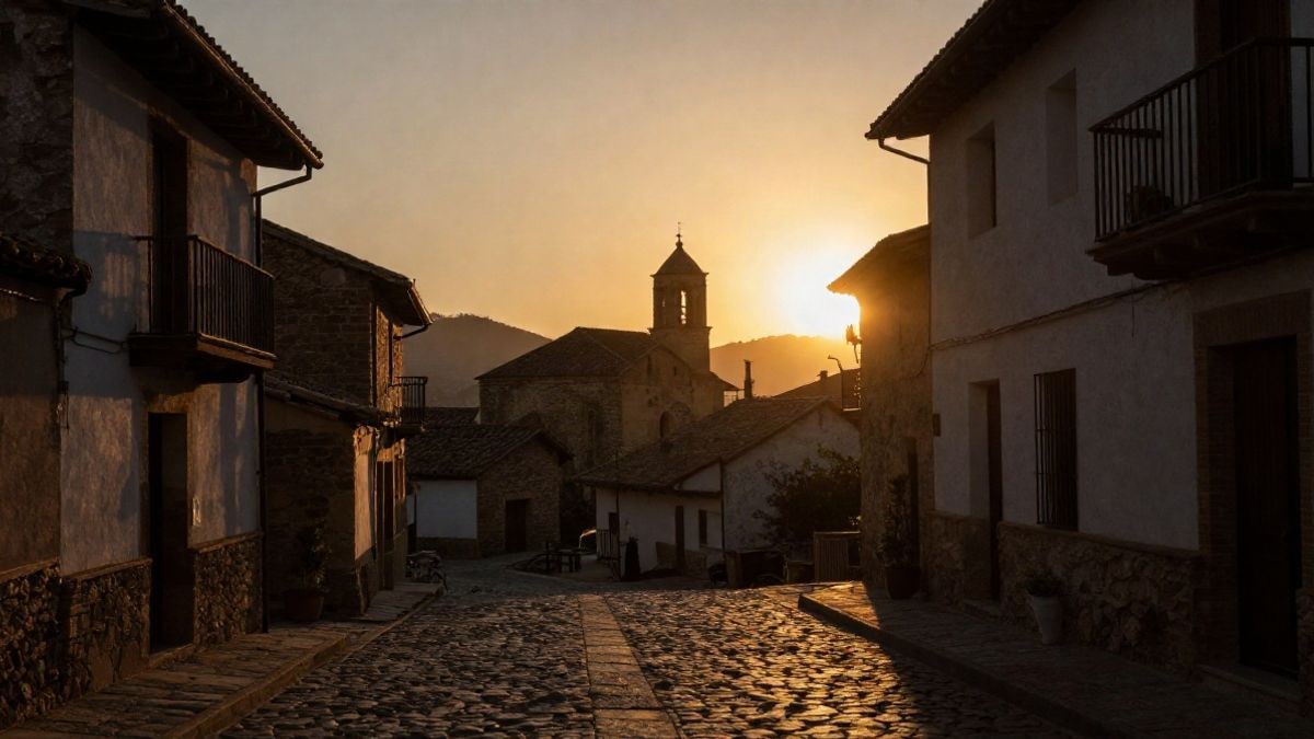 Imagen ilustrativa: contraluz al atardecer en un pueblo de montaña con calles empedradas y sombras largas