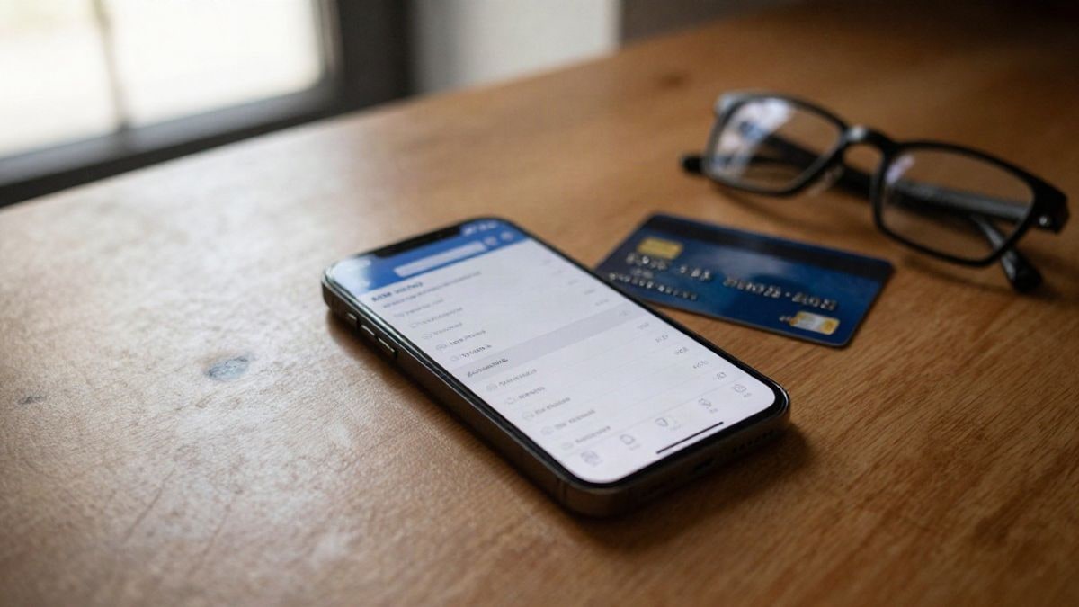 Imagen ilustrativa: vista cenital de un teléfono con una aplicación bancaria y una tarjeta sobre una mesa