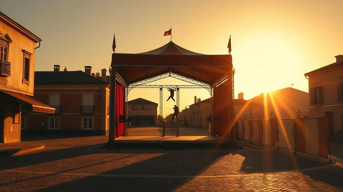 Escenario al aire libre con trapecio y carpa de circo al atardecer en una plaza empedrada
