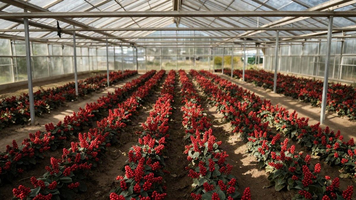 Imagen ilustrativa: interior de un invernadero con plantas de frutos rojos iluminado por luz lateral