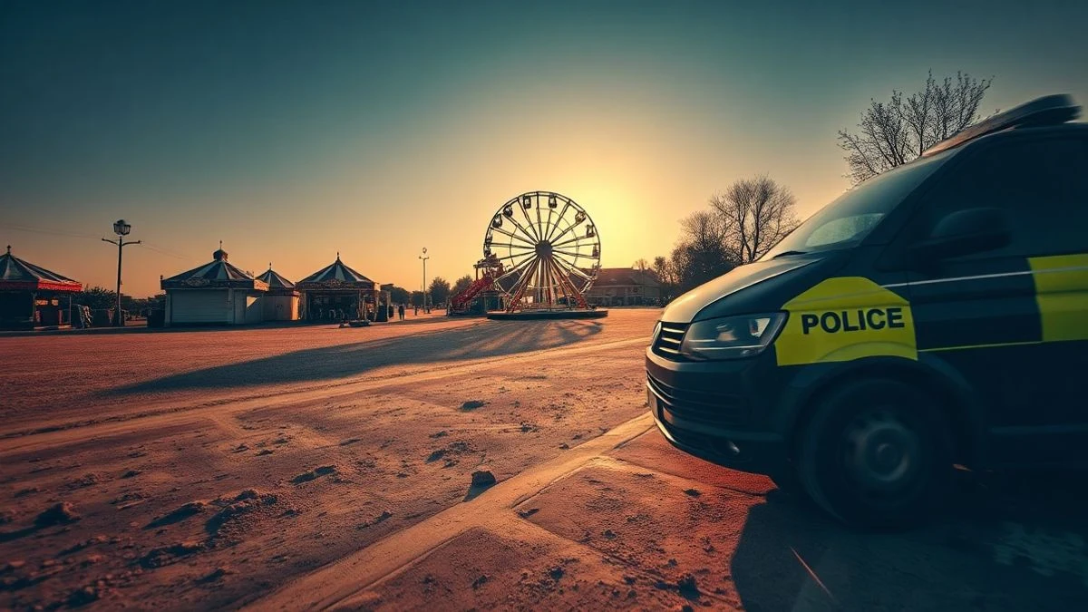Vista de un recinto ferial vacío con noria y casetas, un coche de policía al fondo al atardecer
