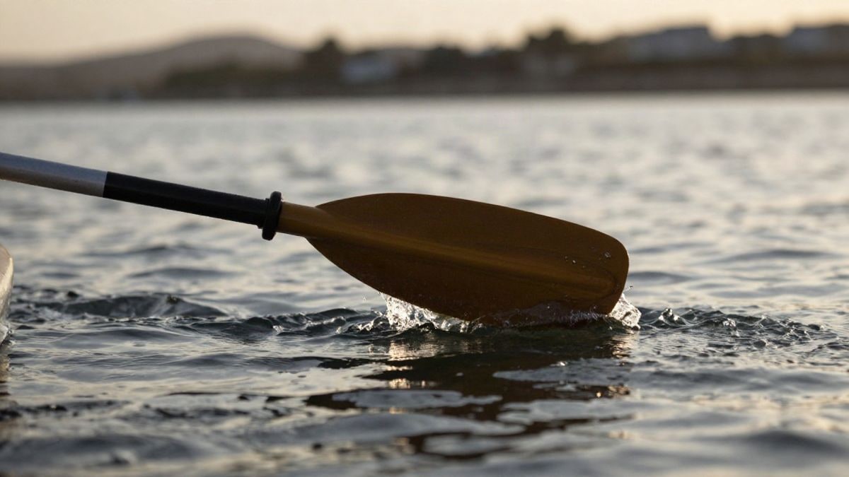 Imagen ilustrativa: una pala de kayak cortando el agua en calma al atardecer.