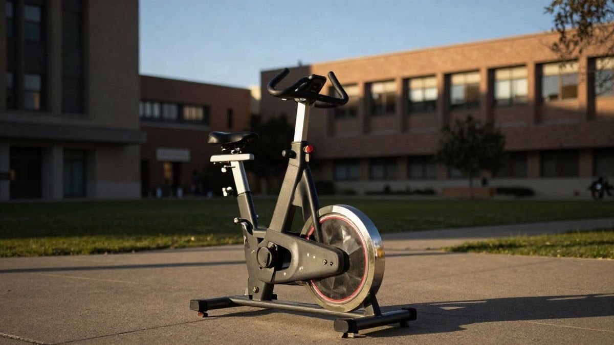 Imagen ilustrativa: bicicleta estática en un campus universitario al atardecer
