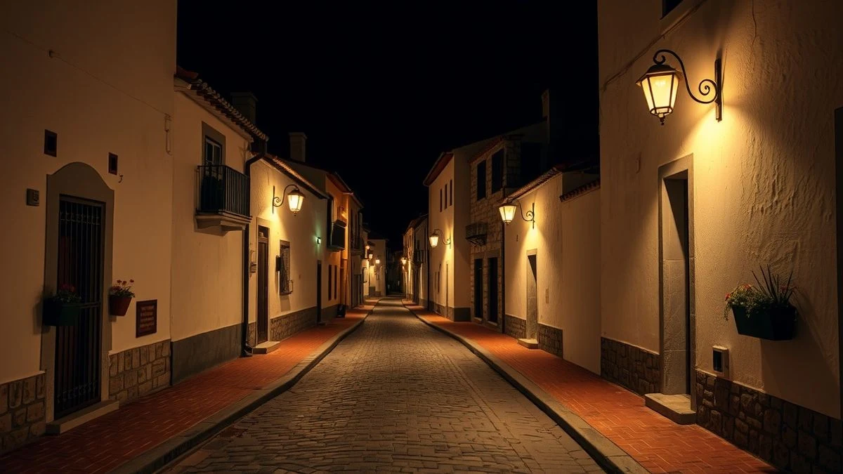 Calle estrecha de un pueblo blanco iluminada por farolas nocturnas, con casas encaladas y macetas.