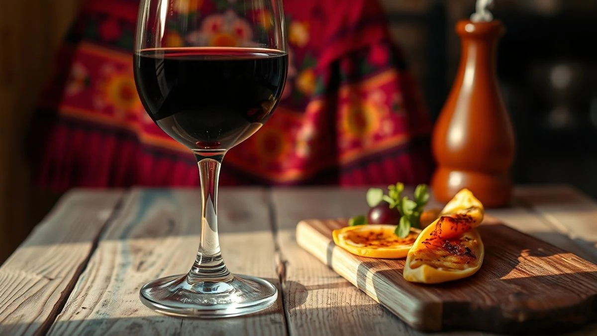 Imagen ilustrativa: copa de vino tinto sobre mesa de madera con tapas y un mantón flamenco al fondo, luz cálida