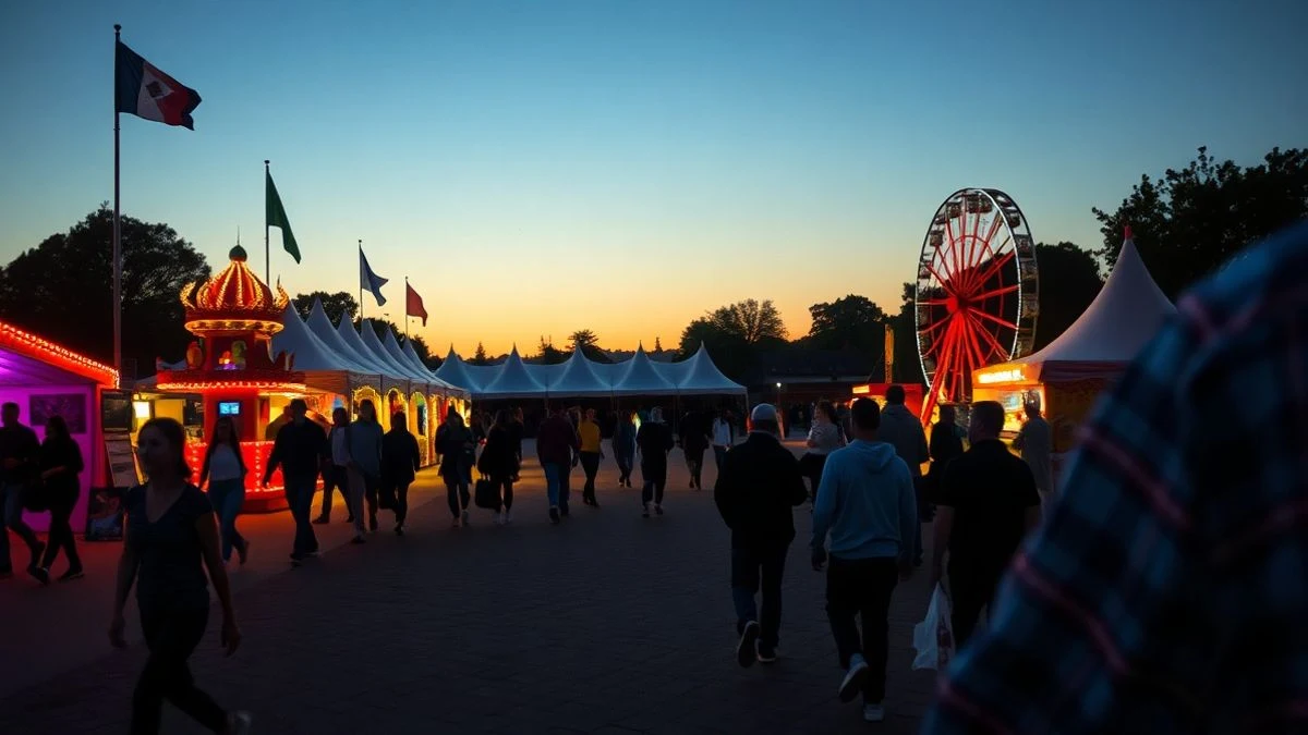 Imagen ilustrativa: recinto ferial iluminado al atardecer con siluetas de asistentes y casetas de fondo
