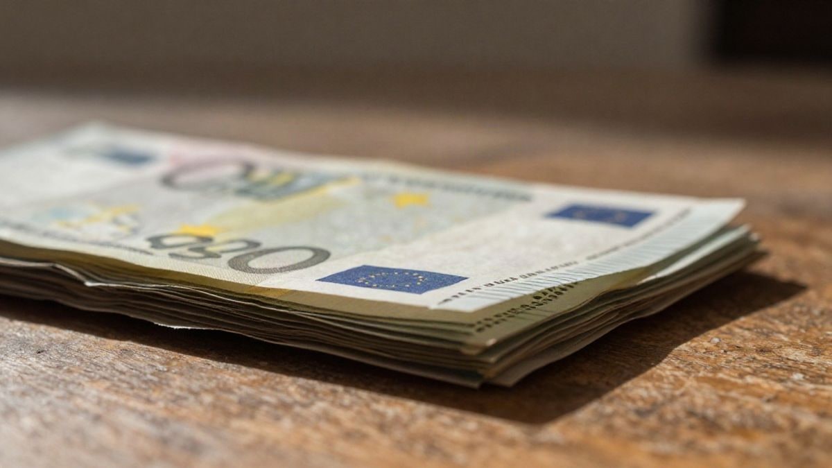 Imagen ilustrativa: primer plano de un fajo de billetes de euro sobre una mesa de madera iluminada por luz lateral