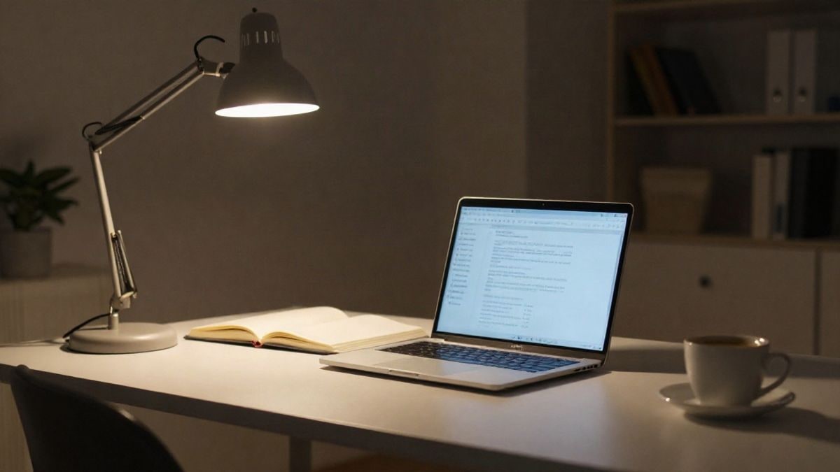 Imagen ilustrativa: escritorio de oficina de noche con ordenador portátil y una taza de café bajo la luz de una lámpara