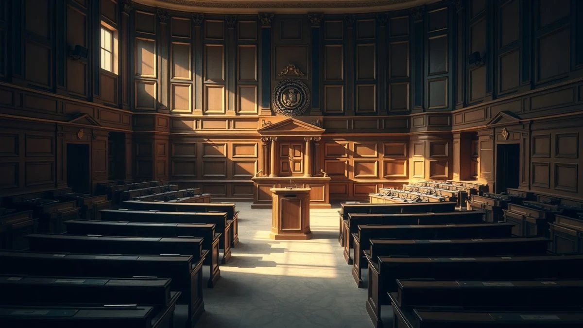 Interior vacío del Parlamento andaluz con luz lateral de ventana y sombras largas