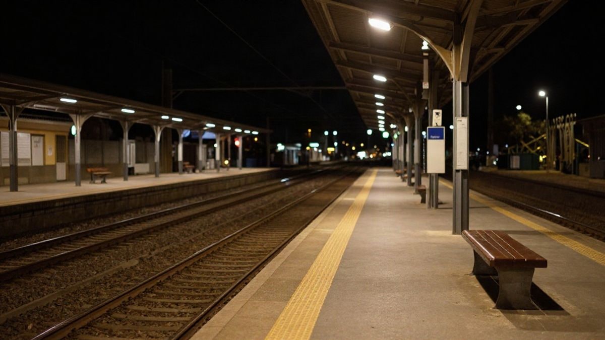 Imagen ilustrativa: andén de estación ferroviaria vacío iluminado por farolas durante la noche