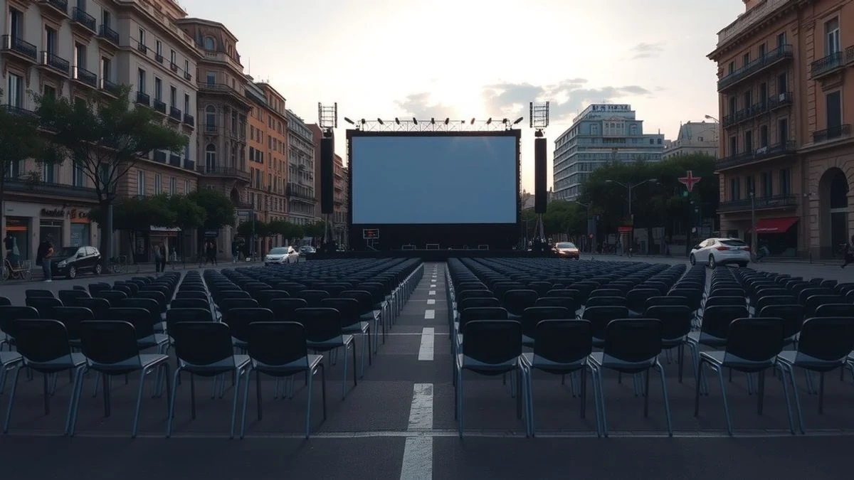 Pantalla gigante al aire libre en una avenida al atardecer con sillas vacías delante