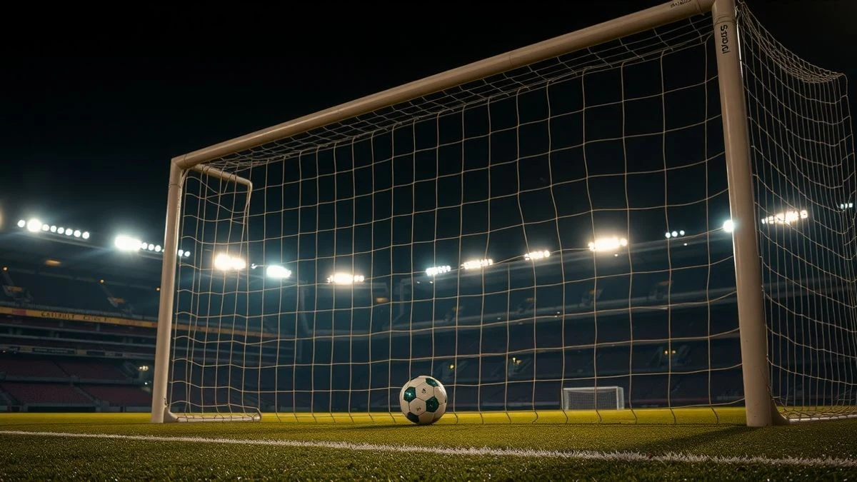 Imagen ilustrativa: una portería de fútbol iluminada por focos nocturnos, con un balón en el punto de penalti y las gradas vacías al fondo.