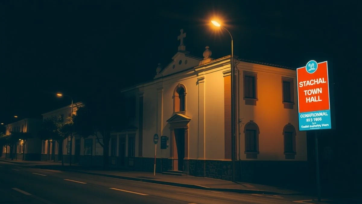 Fachada del Ayuntamiento de Punta Umbría iluminada por farolas y luz de neón por la noche