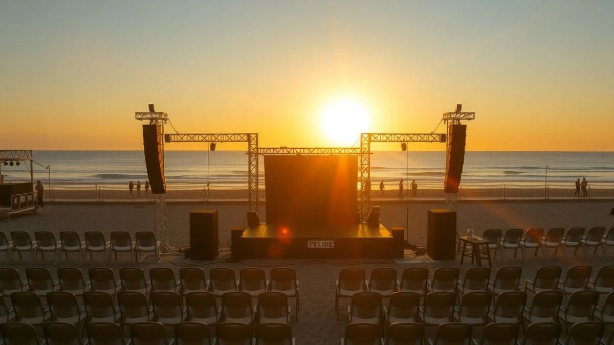 Imagen ilustrativa: vista aérea de un escenario vacío junto a la playa al atardecer, con sillas y equipo de sonido.