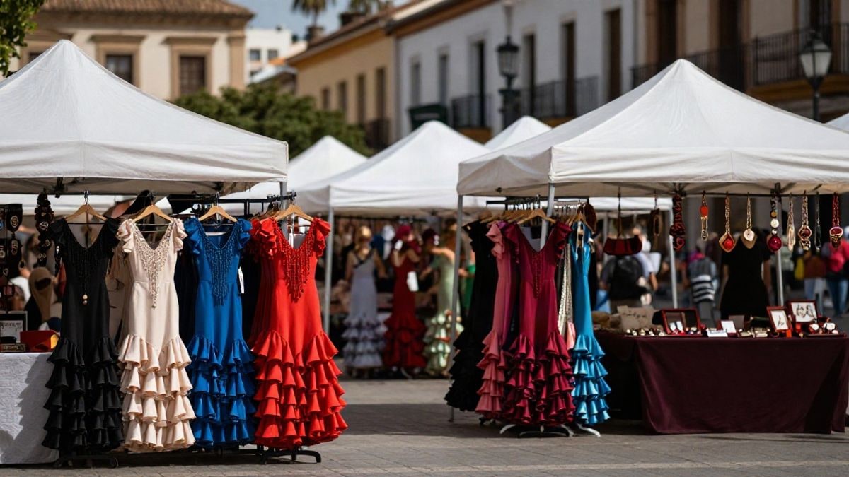 Imagen ilustrativa: puestos de moda flamenca con vestidos y complementos en una plaza al sol