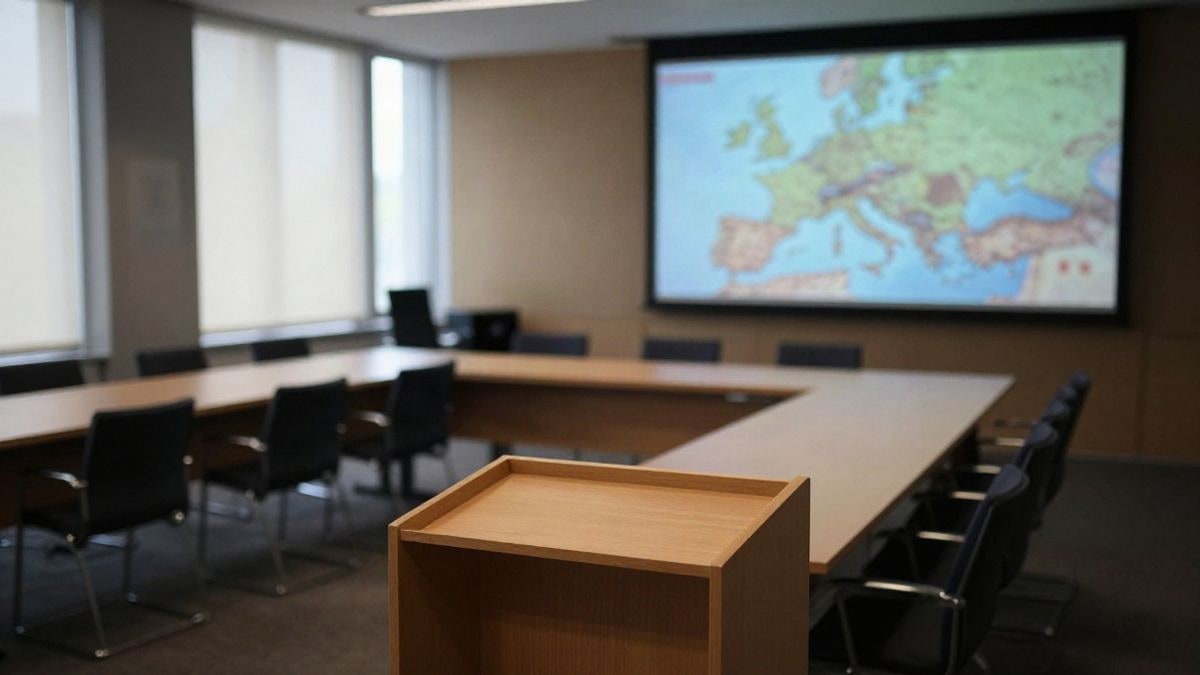 Imagen ilustrativa: vista cenital de una sala de conferencias con atril vacío y pantalla con mapa de Europa